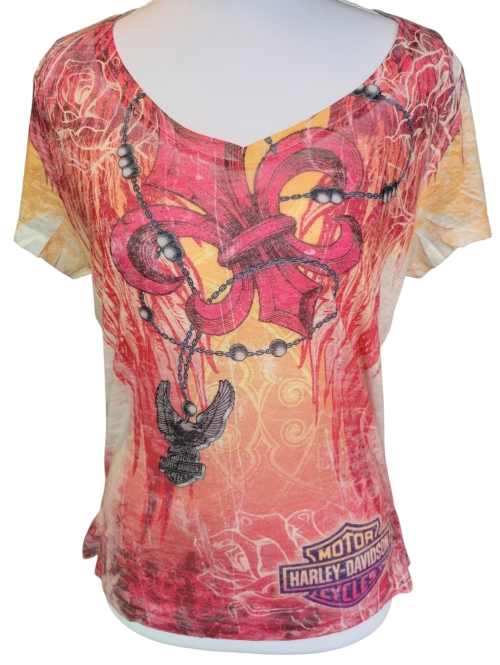 Harley Davidson Red Orange Pink Burnout Graphic Print Short Sleeve Top
